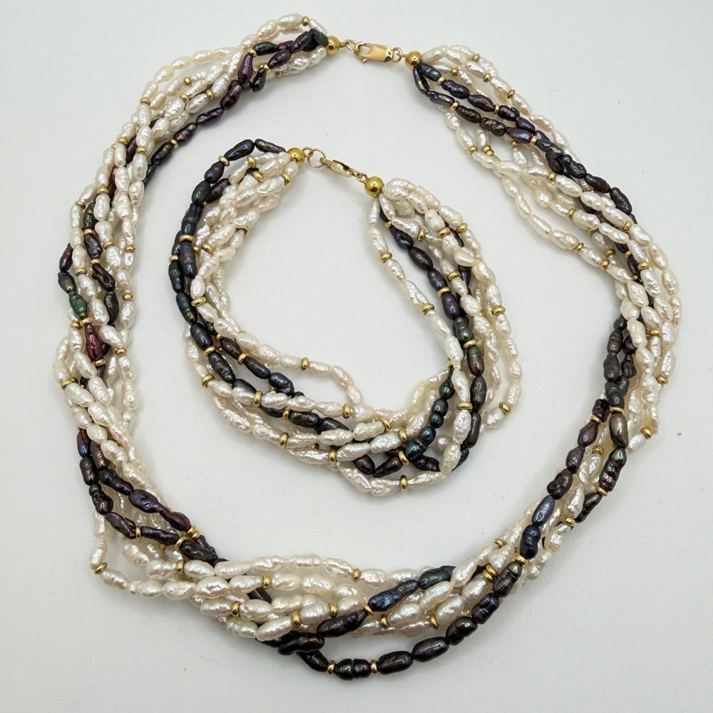 14kt‎ YG, 7 strands of rice pearls, YG accent beads necklace and bracelet set!